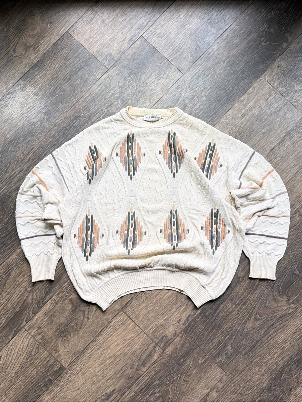 St. Croix Men’s Large Coogi Style 3D Knit Sweater Ivory Cotton USA Vintage